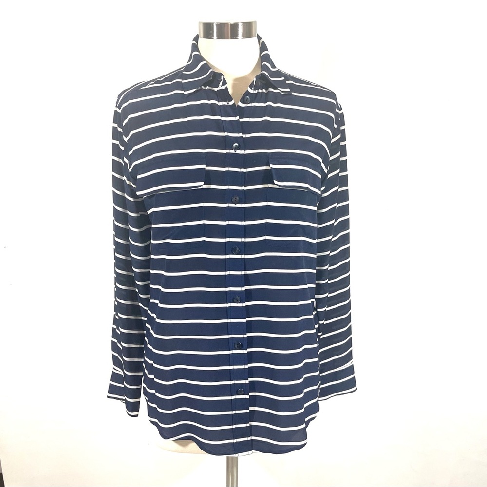 Equipment silk navy white striped blouse XS